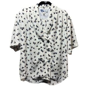 Vintage‎ 80s Triangle Print Short Sleeve Blouse White Size 16 Workwear Secretary
